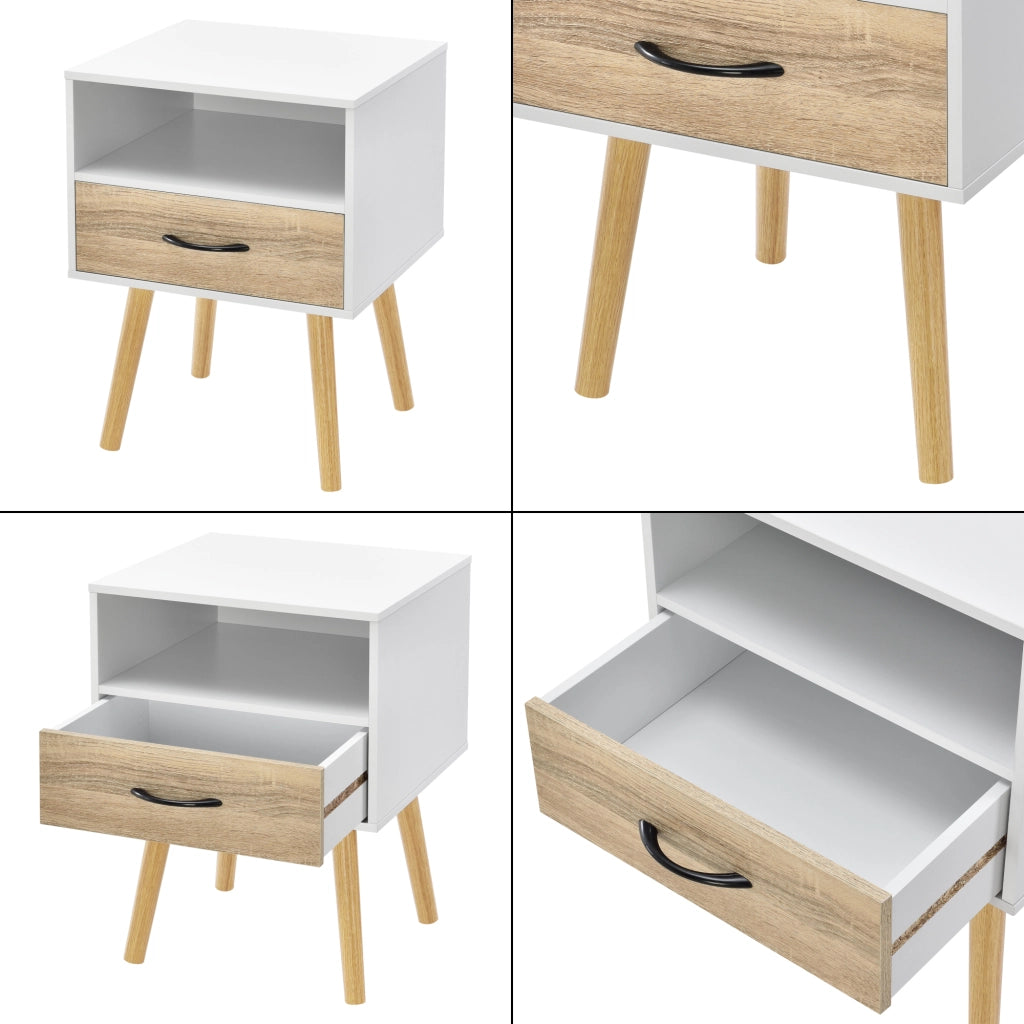 Comodino Gävle con Cassetto e Scomparto Aperto - Bianco / Effetto Rovere [en.casa]