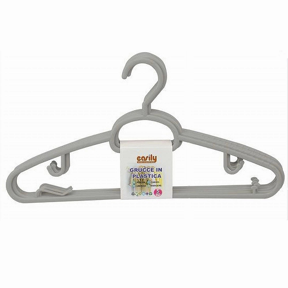 Trade Shop - Set 5pz Grucce In Plastica Stampelle Appendiabito Pantaloni Giacche Grigio 79325 -