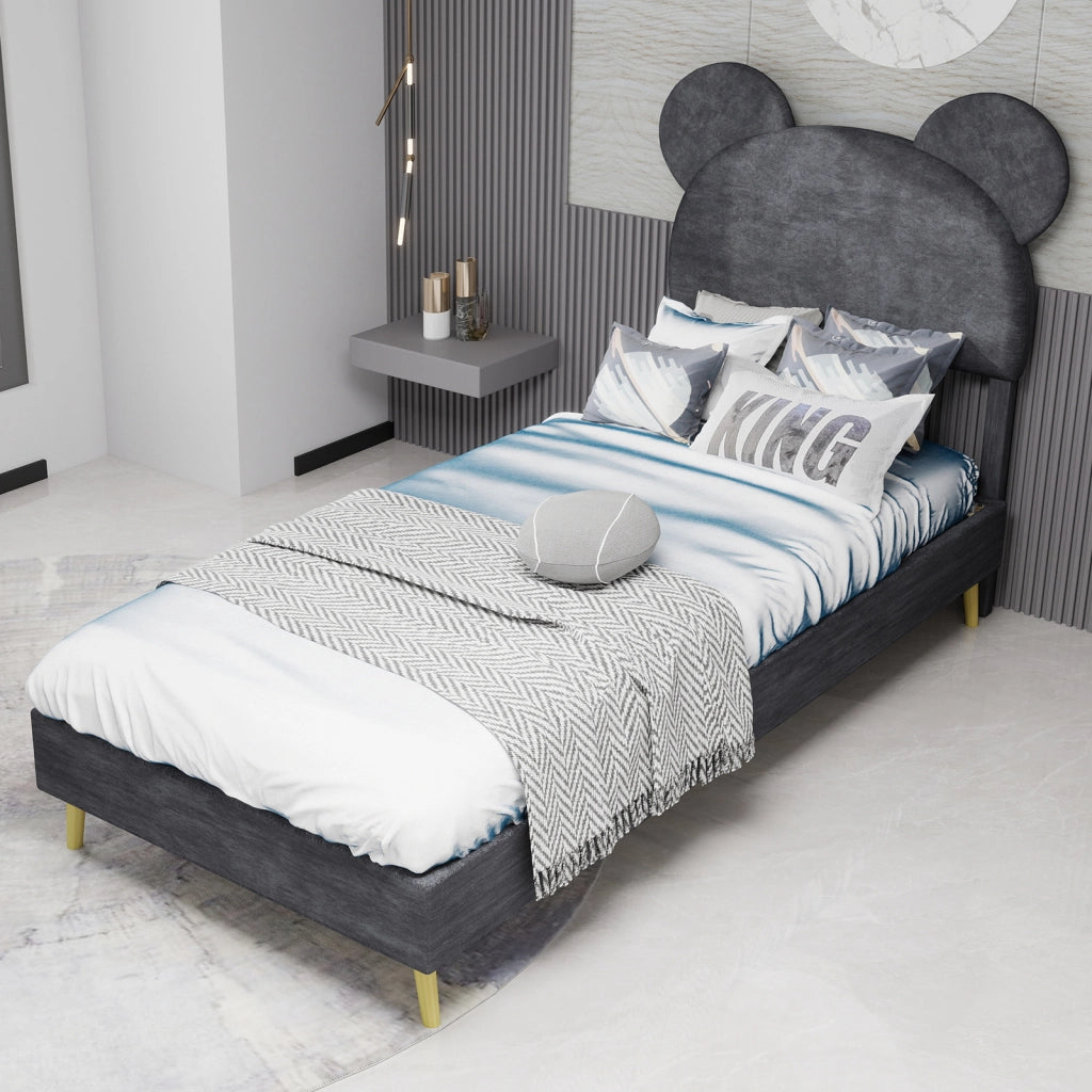 Letto Singolo 90x200 cm; Contenitore con Testiera Sagomata; in Tessuto e Metallo; Grigio