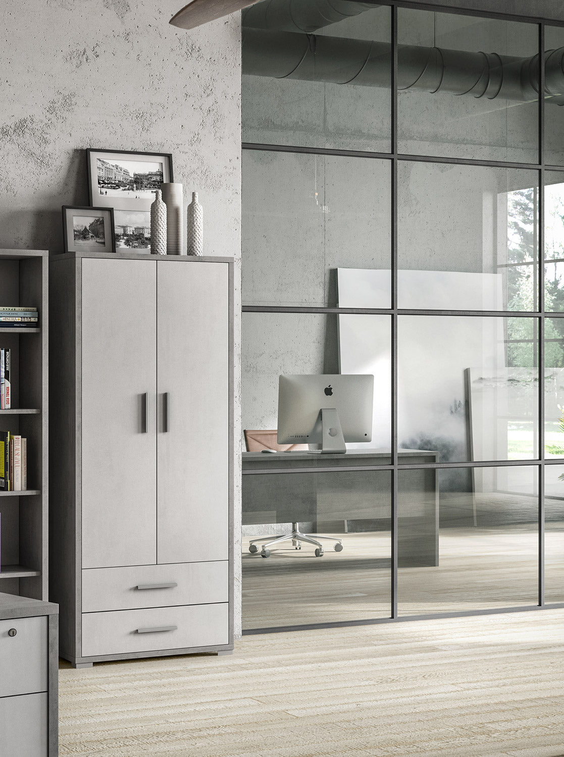 Armadio 2 Ante 2 Cassetti 71x182x41 cm Cemento/Ossido Bianco