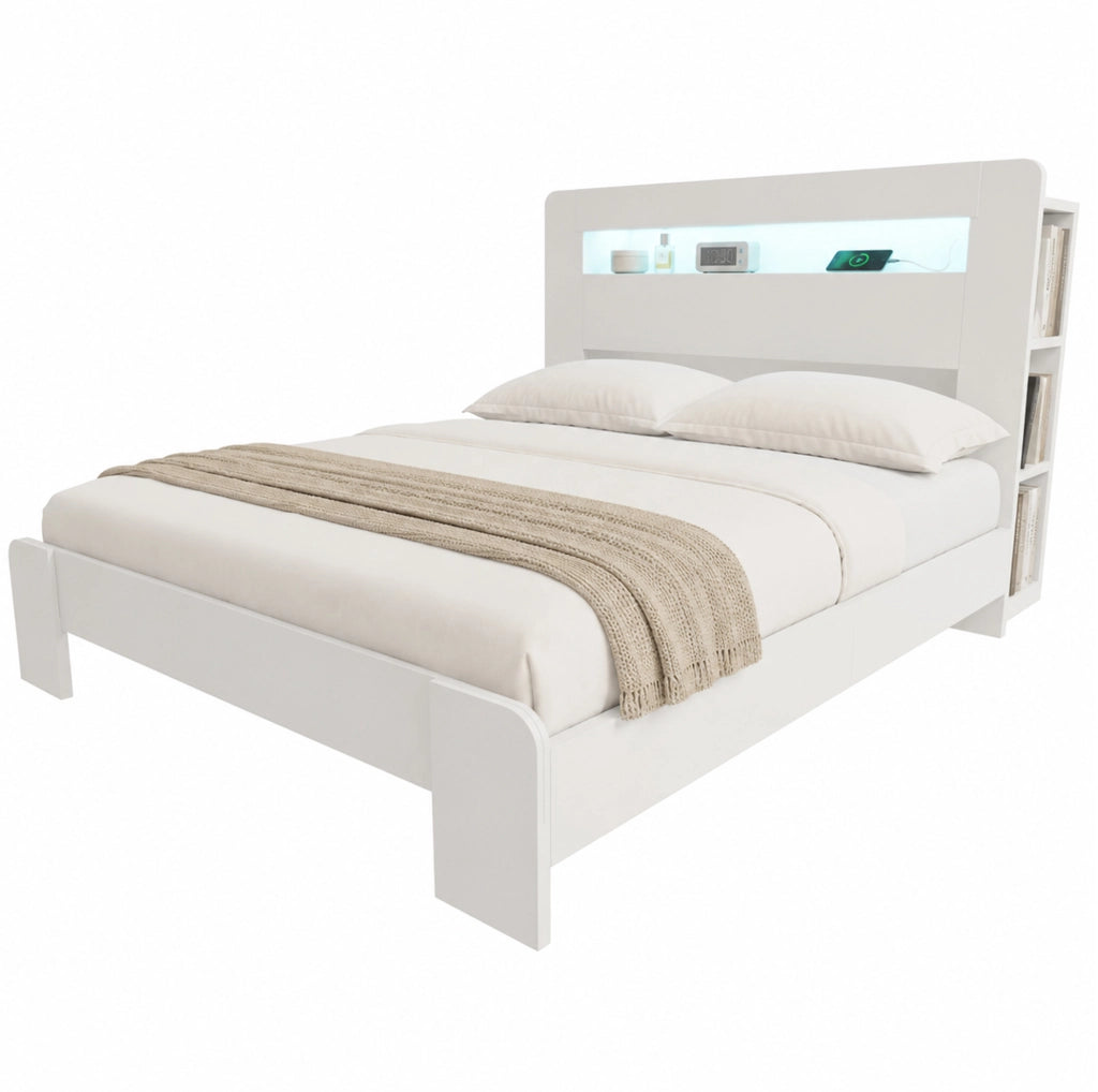 Letto multifunzione 140x200 cm con LED e prese, bianco