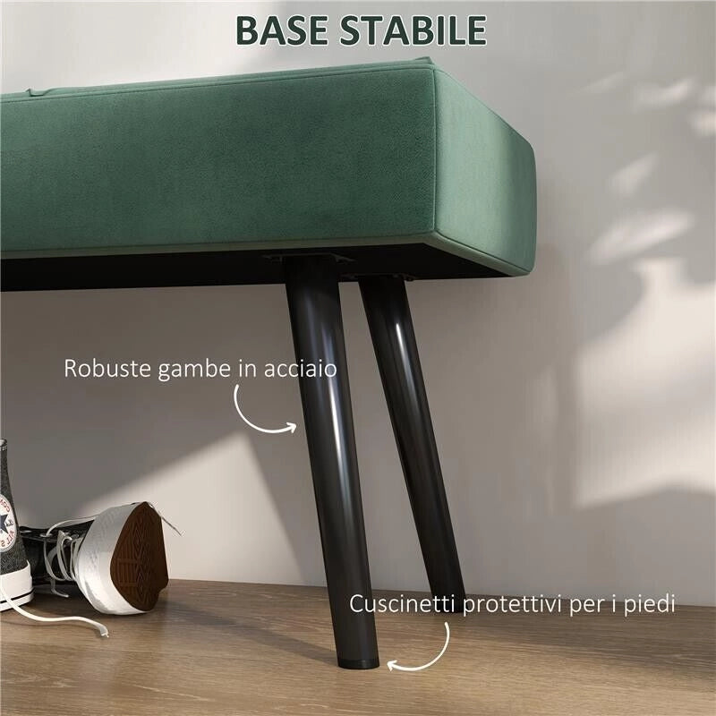 PANCA IMBOTTITA FONDOLETTO IN TESSUTO EFFETTO VELLUTO E ACCIAIO, 100X36X45 CM, VERDE E NERO