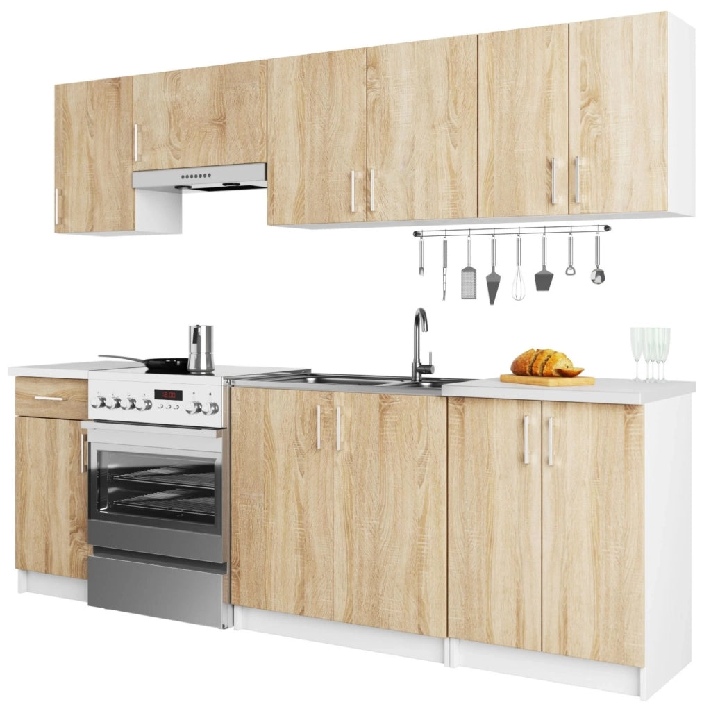 AKORD Set di Mobili da Cucina LIMA 240 cm Bianco 240 cm 11 ante 1 cassetto inserto frontale Sonoma Quercia 240x44,5x203 cm