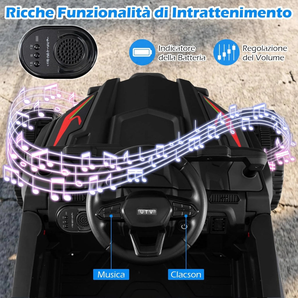 Macchina Elettrica per Bambini UTV con Rimorchio Staccabile, 12V Trattore con Telecomando, Sospensioni a Molla, Luci e Musica, Veicolo Elettrico per Bambini 3+ Anni (Nero)