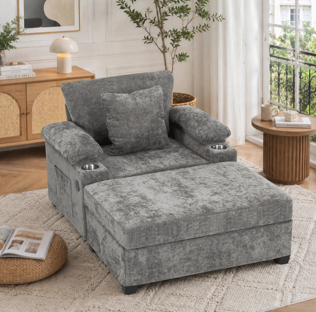 Poltrona relax convertibile in divano letto con portabicchieri; chenille grigio
