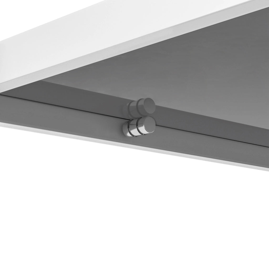 Tavolino da salotto con piano in vetro temperato e vano portaoggetti in MDF grigio e bianco