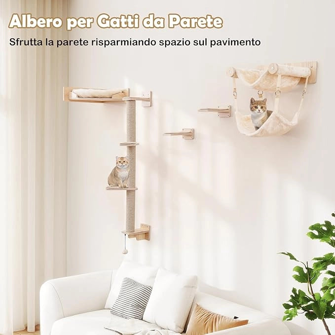 Mensole da Parete per Gatti, Set di Mobili con 2 Amache, Letto, Scalini, Pali Tiragraffi in Juta, Cuscini di Peluche, Arrampicatore in Legno per Gatti da Interno (Modello 1)