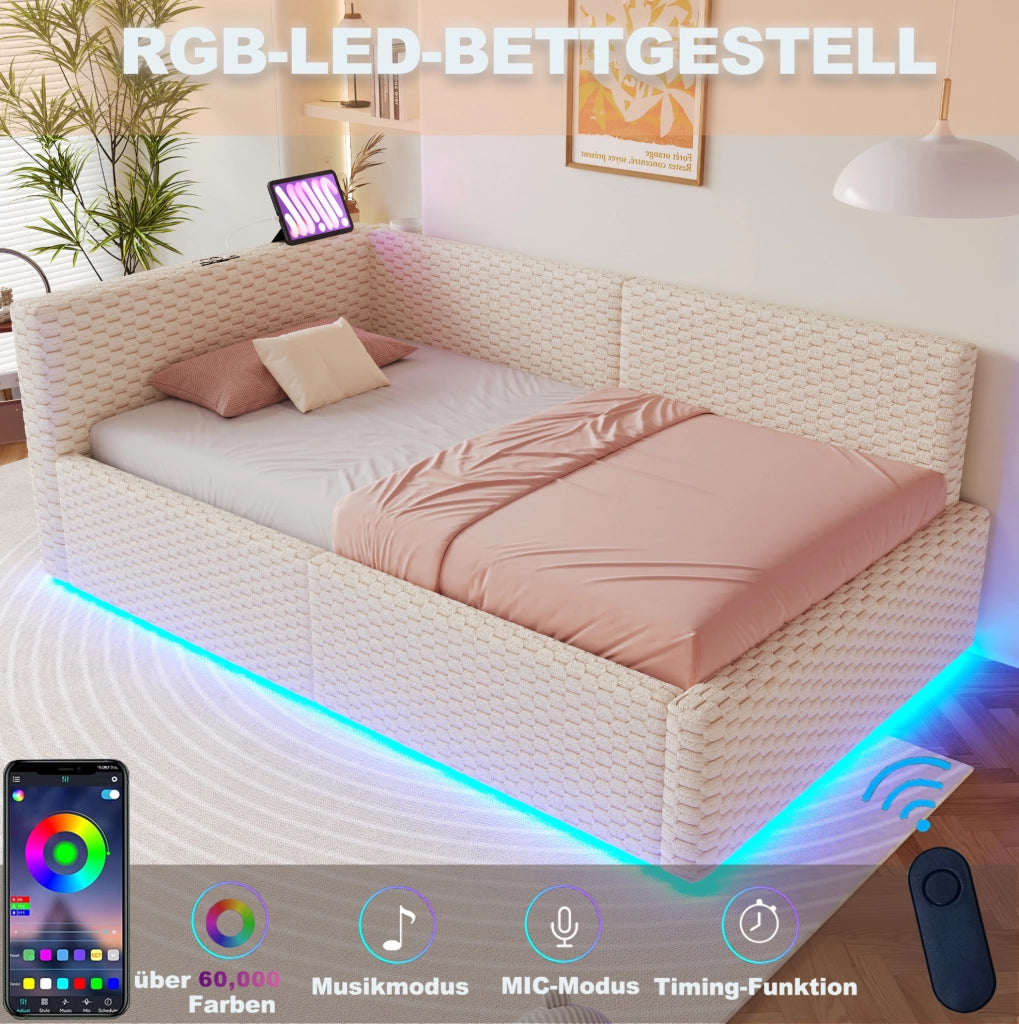 Letto imbottito 90x200 cm con LED; porte USB e contenitore idraulico; in velluto beige