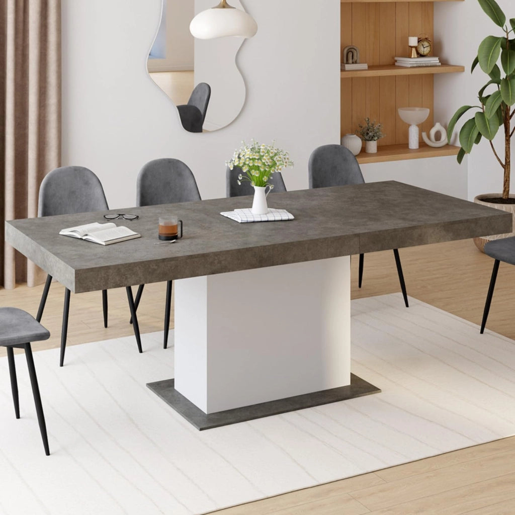 Tavolo da pranzo rettangolare allungabile EDEN 6-10 persone in cemento e bianco 160-200 cm