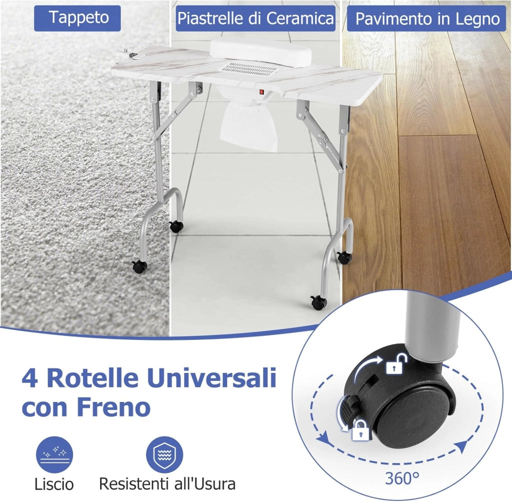 COSTWAY Tavolo per Manicure Pieghevole con Aspiratore Elettrico, Tavolo per Unghie Portatile con Luce LED, Cuscino Poggia Polso Clienti, Borsa e 4 Ruote Bloccabili (Bianco)