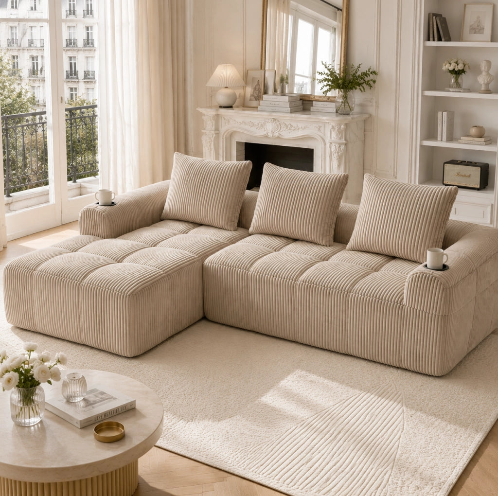 Divano compatto modulare in corduroy khaki 253x158x61 cm; con tasche laterali e portabicchieri