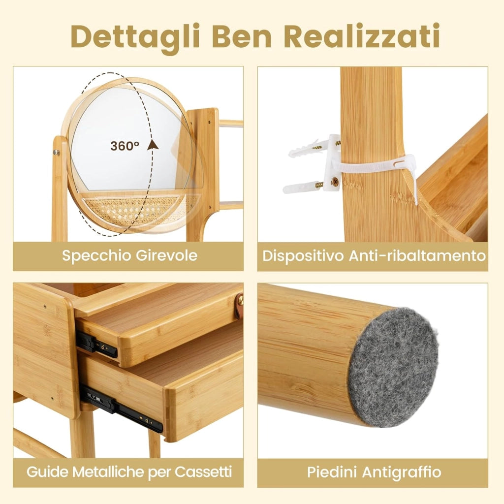 Toeletta da Trucco con Specchio Girevole, Tavolo da Toeletta con 2 Cassetti, Ripiani Aperto, Piano in Vetro, Consolle Trucco in Bambù per Camera da Letto, Soggiorno (1, Senza Sgabello)