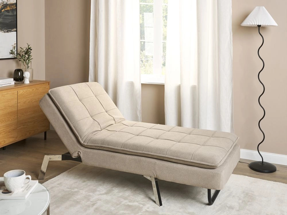 Chaise longue Tessuto Beige capitonnè Schienale e Gambe Regolabili Modern Glam