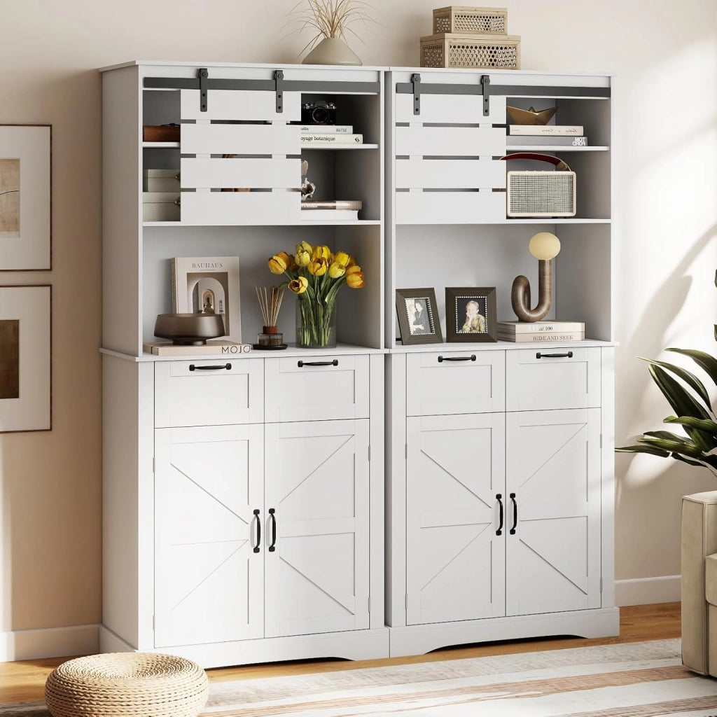 Credenza Alta da Cucina con Stazione di Ricarica, Mobile Buffet con Fori Cavi, Armadio Dispensa per Microonde con Ripiano Regolabile, per Sala da Pranzo, Bianco, 80x40x180cm (In 2 Scatole)