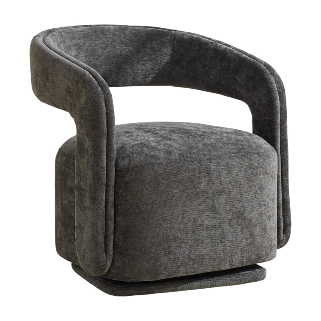 Poltrona girevole 360° in chenille scuro, design Barrel Chair, struttura in legno, 70x65,5x74 cm