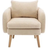 Poltrona Relax Moderna in Velluto Teddy con Cuscino, Seduta Extra Spessa, Struttura in Legno Massello, 71x72x71cm - Poltroncina da Salotto, Beige