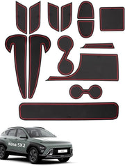 Materassini Antislip per Hyundai Kona SX2 2024-2025, 14 pezzi di gomma per console centrale, cassetti, contenitore, vano portaoggetti, vano manubrio, nero e rosso