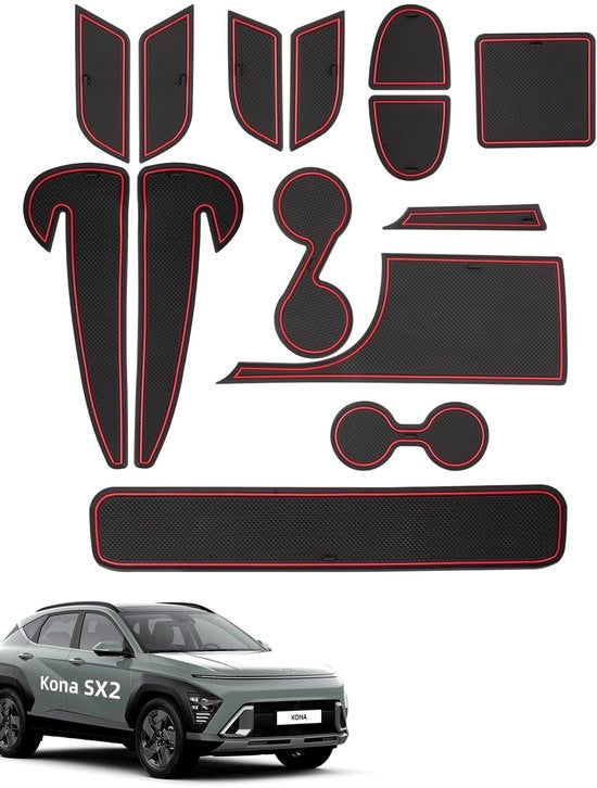 Materassini Antislip per Hyundai Kona SX2 2024-2025, 14 pezzi di gomma per console centrale, cassetti, contenitore, vano portaoggetti, vano manubrio, nero e rosso