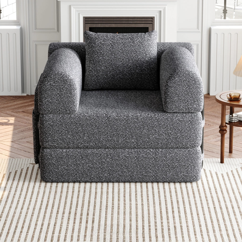 Divano letto singolo 2 in 1 in ciniglia grigio con vano nel bracciolo