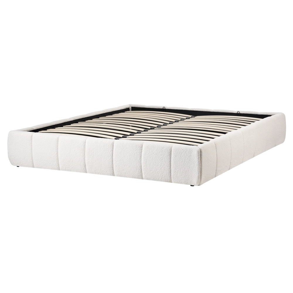 Letto matrimoniale in tessuto bouclè bianco sporco imbottita, con contenitore e panca 160x200 cm design moderno