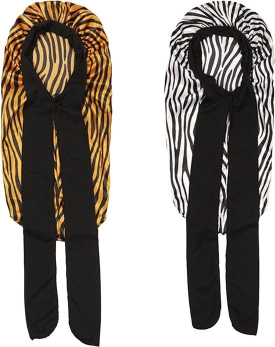 Bonnet satinato grande per capelli ondulati lunghi - 2 pezzi - striature a zebra - cuffie di seta per capelli posteriori