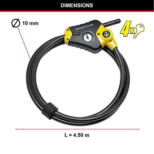 Master Lock 8420EURD Cavo di Sicurezza Regolabile Python 4.5 m x 10 mm acciaio intrecciato con chiave a tamburello 4 chiavi incluse colore Nero e Giallo