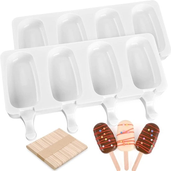 2 Forme di Ghiaccio in Silicone + 50 Bastoncini di Legno - Per Fattori di Ghiaccio e Desserts Fatti a Casa (Standard 6.5cm, Bianco)