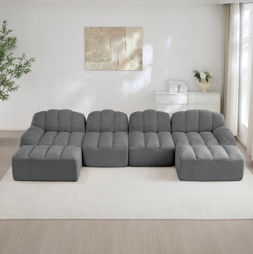 Divano modulare 4 posti con ottomana; forma ergonomica senza struttura 366x165x79 cm in fleece granulare grigio