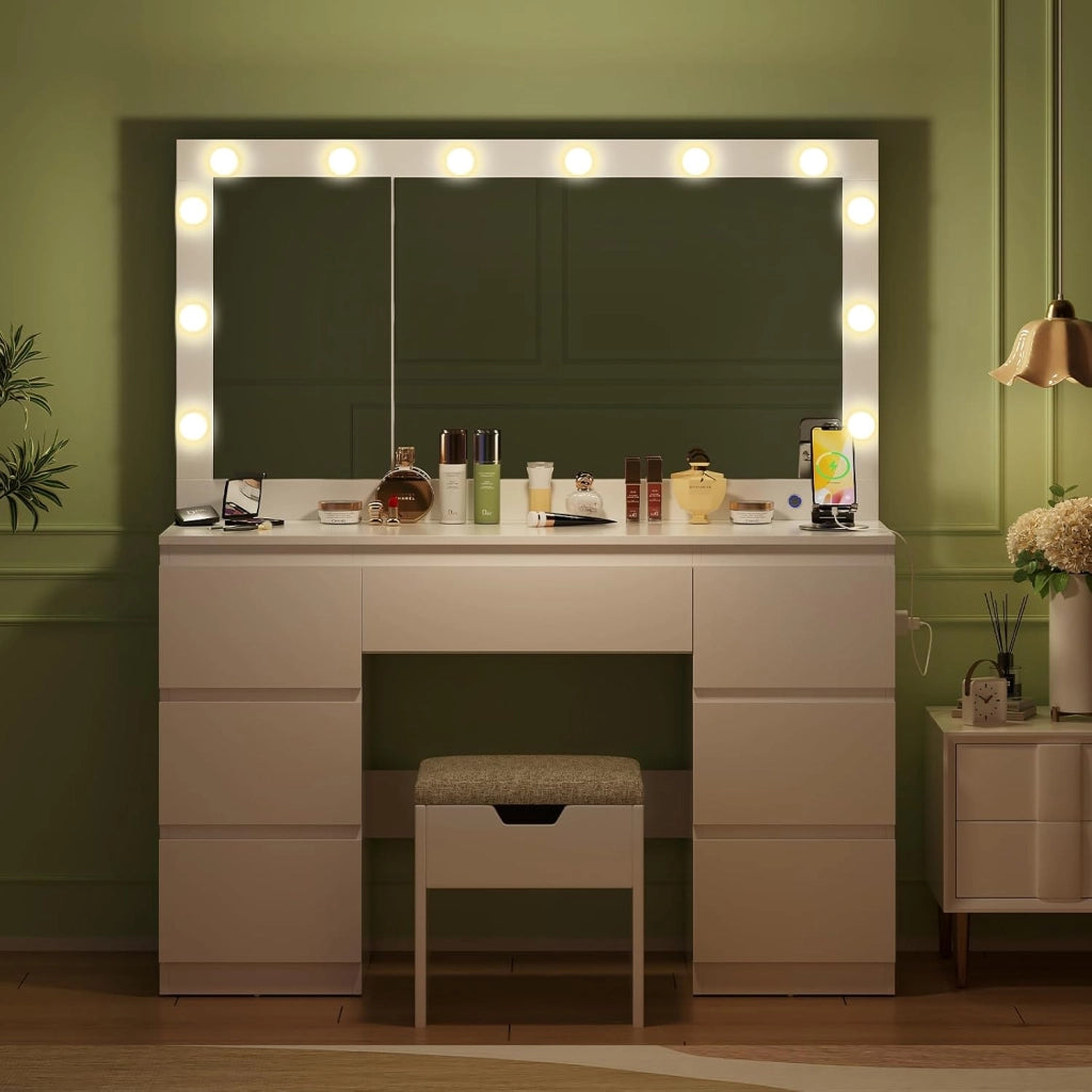 Toeletta da Trucco con Luci e Prese, Luminosità Regolabile,Postazione Trucco,Tavolo da Trucco con Specchio Grande,7 Cassetti,Moderno, Bianco