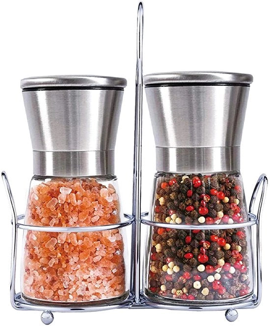 Set di 2 - Macinatore di Pepe - Macinatore di Sale - con standard in acciaio inossidabile - adatto per pepe, sale o altri condimenti - Rifornibile - manuale - Macinatore di Condimenti - 6,8*13,5cm - argento - pp