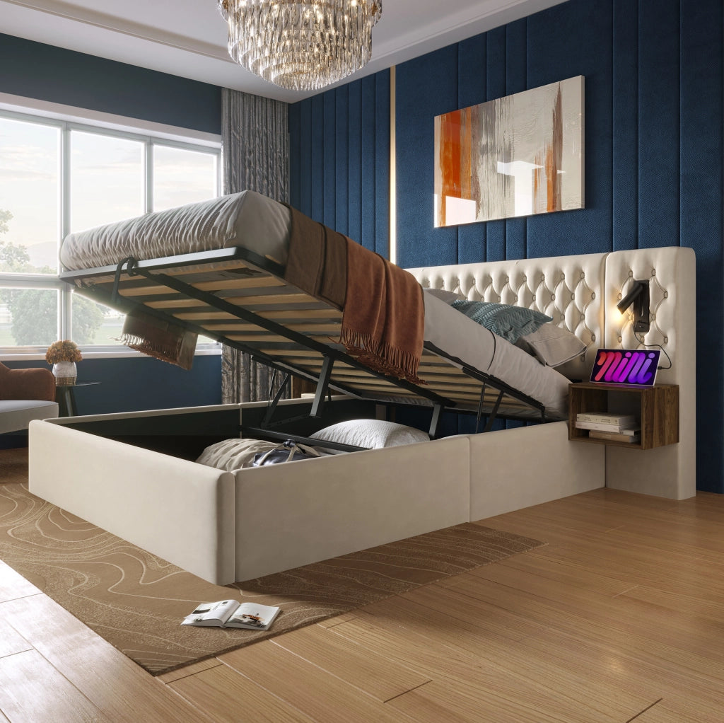 Letto matrimoniale 160x200 cm in velluto beige con contenitore; luci lettura e USB
