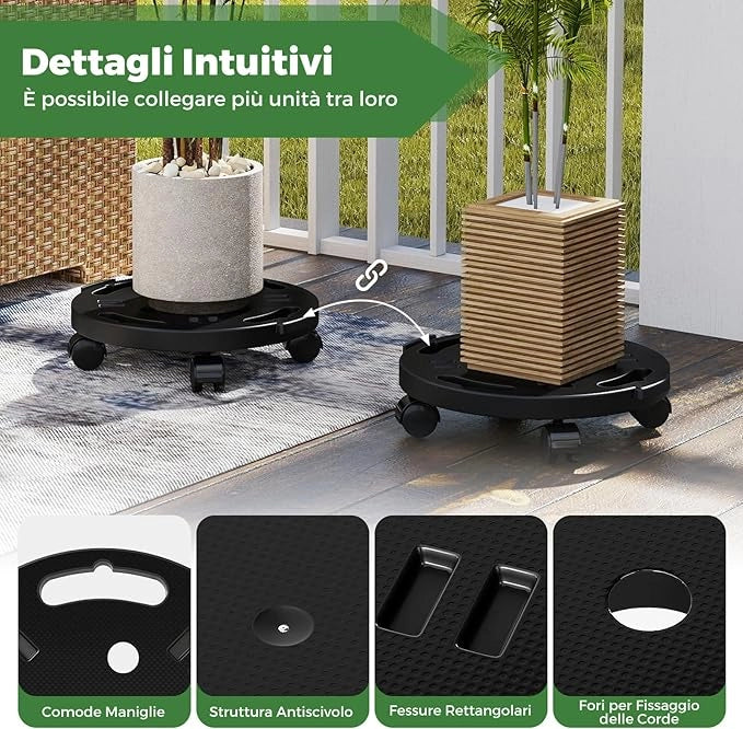 Sottovaso per Piante con 4 Ruote Universali, Carrello Tondo per Piante per Mobili, Secchi, Vasi di Fiori, Capacità di 170 kg