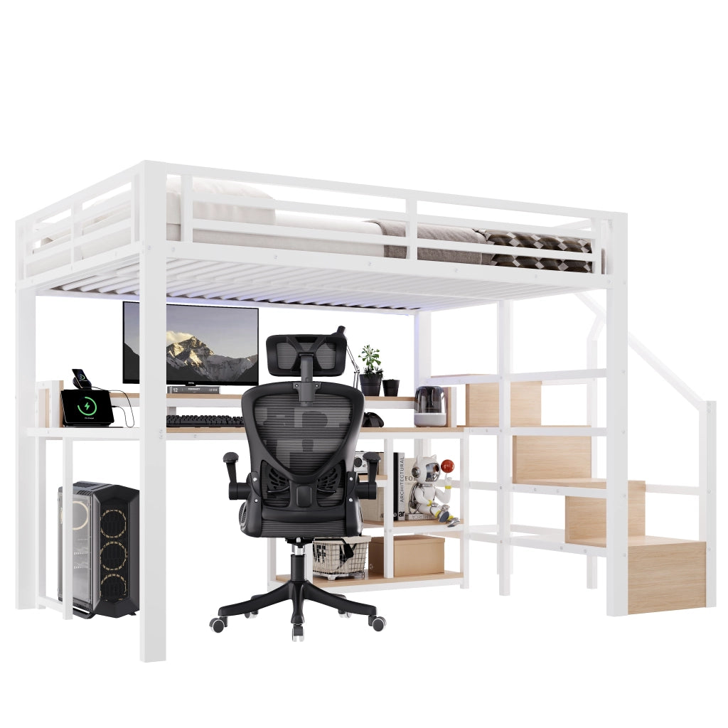 Letto a soppalco 140x200 cm per 2 persone con scala contenitore, prese USB/Type-C, ripiano e illuminazione LED, metallo bianco
