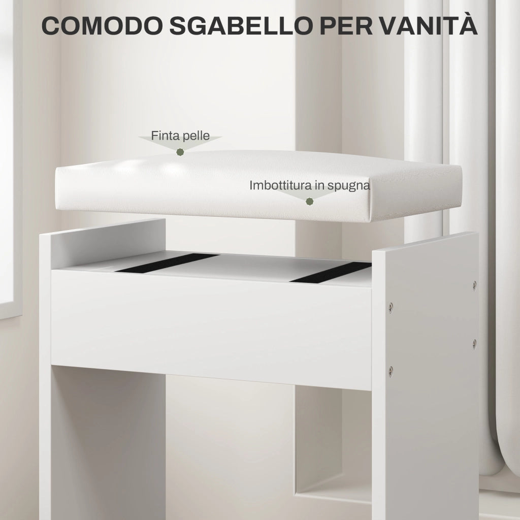 Set Tavolo da Trucco con Specchio e 5 Cassetti 97.2x44.5x136.5 cm e Sgabello Imbottito 40x24x46 cm, Bianco