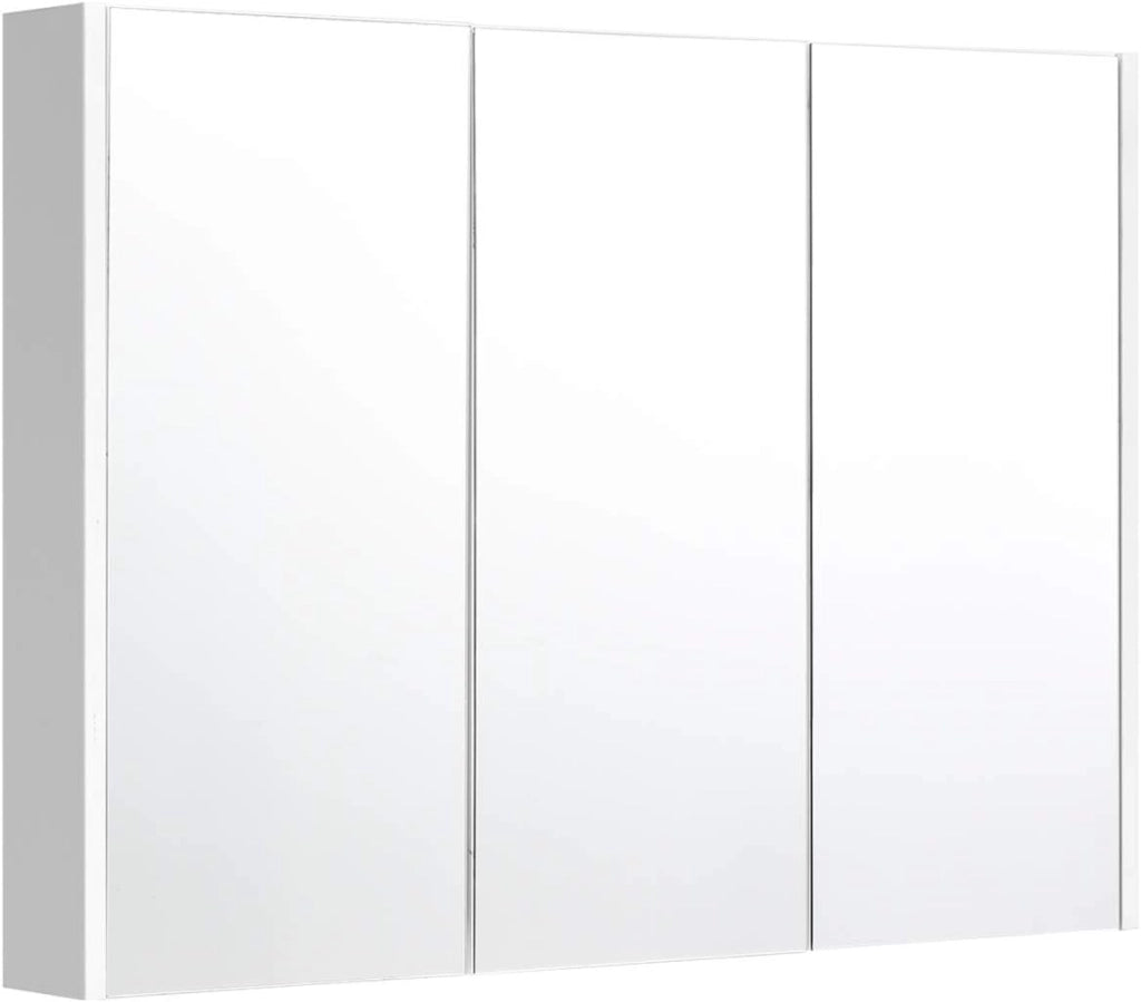 Mobile a Specchio per Bagno Armadietto Arredo con Specchio a Parete con 3 Ante e 2 Ripiani Regolabili in Altezza, Bianco, 90 x 11 x 65 cm