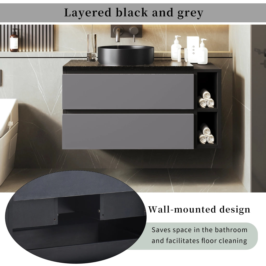 Mobile sottolavabo con cassetti e vano aperto; lavabo rotondo in ceramica; per bagno; in MDF; nero e grigio