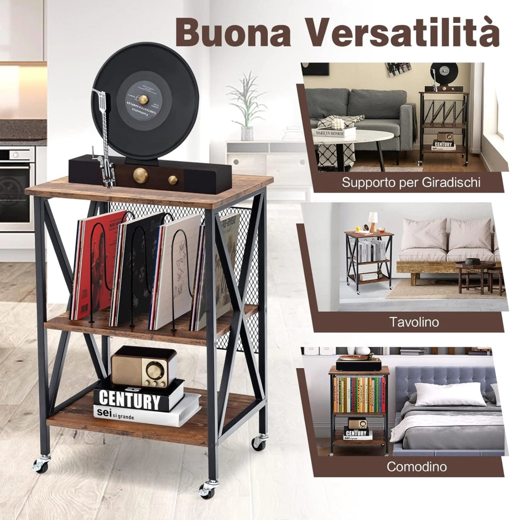 Supporto per Giradischi, Supporto per Giradischi in Vinile con Ruote Bloccabili, 3 Livelli, per Soggiorno, Camera da Letto, 52 x 45 x 75 cm