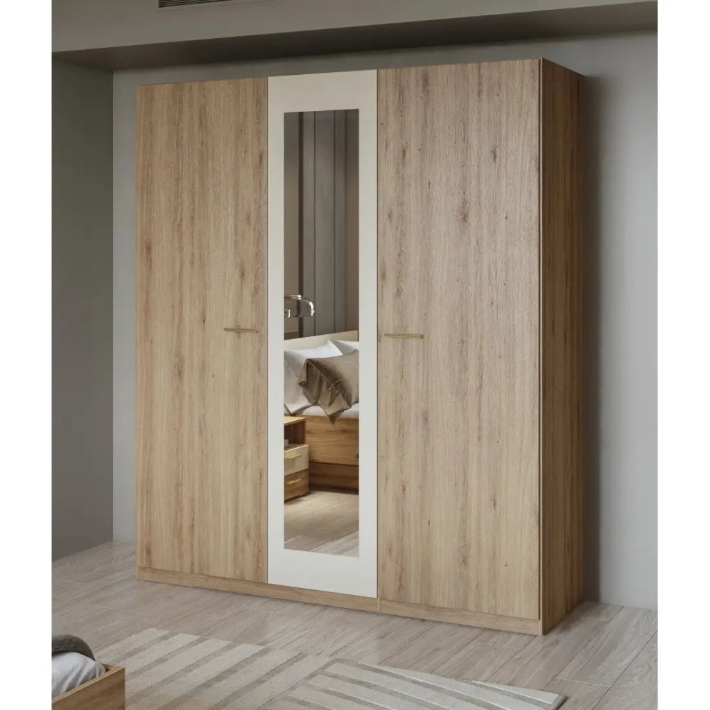 Armadio VERTIGO - 3 porte 179x215 cm – Rovere selvaggio e beige sabbia – Con specchio centrale