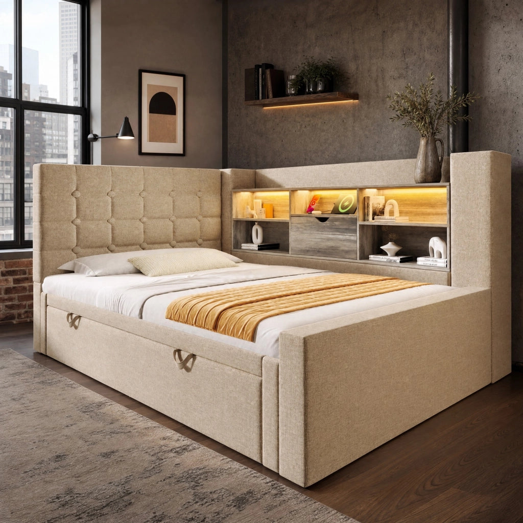 Letto imbottito 90x200 cm con letto estraibile, LED, prese USB, testiera L reversibile e contenitore