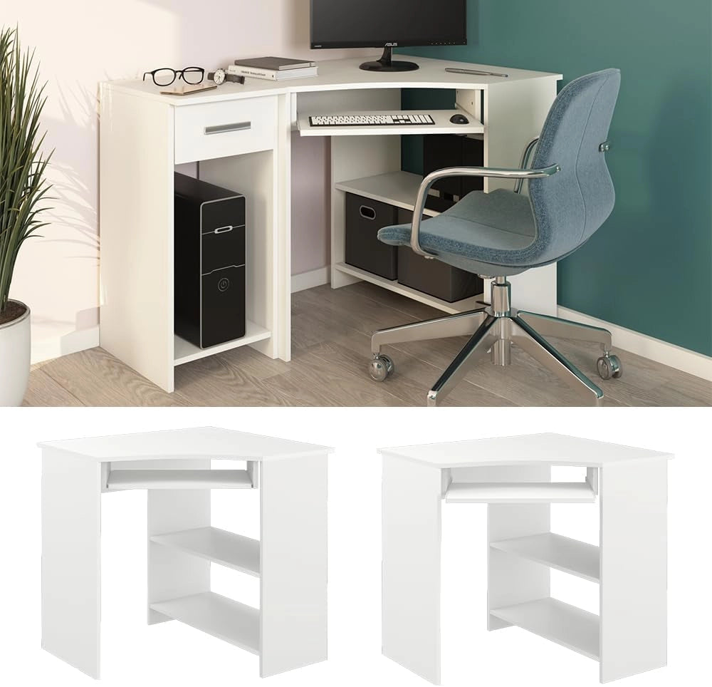 Scrivania angolare Odin, Bianco, 83 x 76 cm, con ripiano estraibile per tastiera e superfici di appoggio