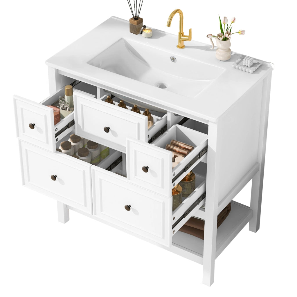 Mobile lavabo freestanding bianco con lavabo in ceramica e 5 cassetti