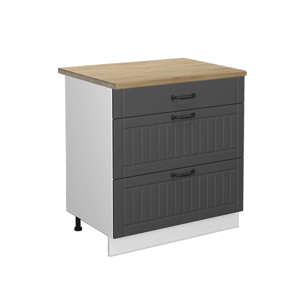 Mobiletto base per cucina Fame-Line Antracite rustico/Bianco 80 cm con 3 cassetti, PL Rovere Vicco