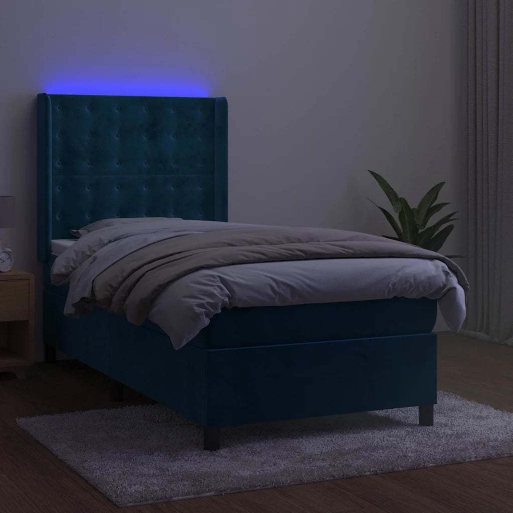 Letto a Molle con Materasso e LED Blu Scuro 90x190cm in Velluto 3139779