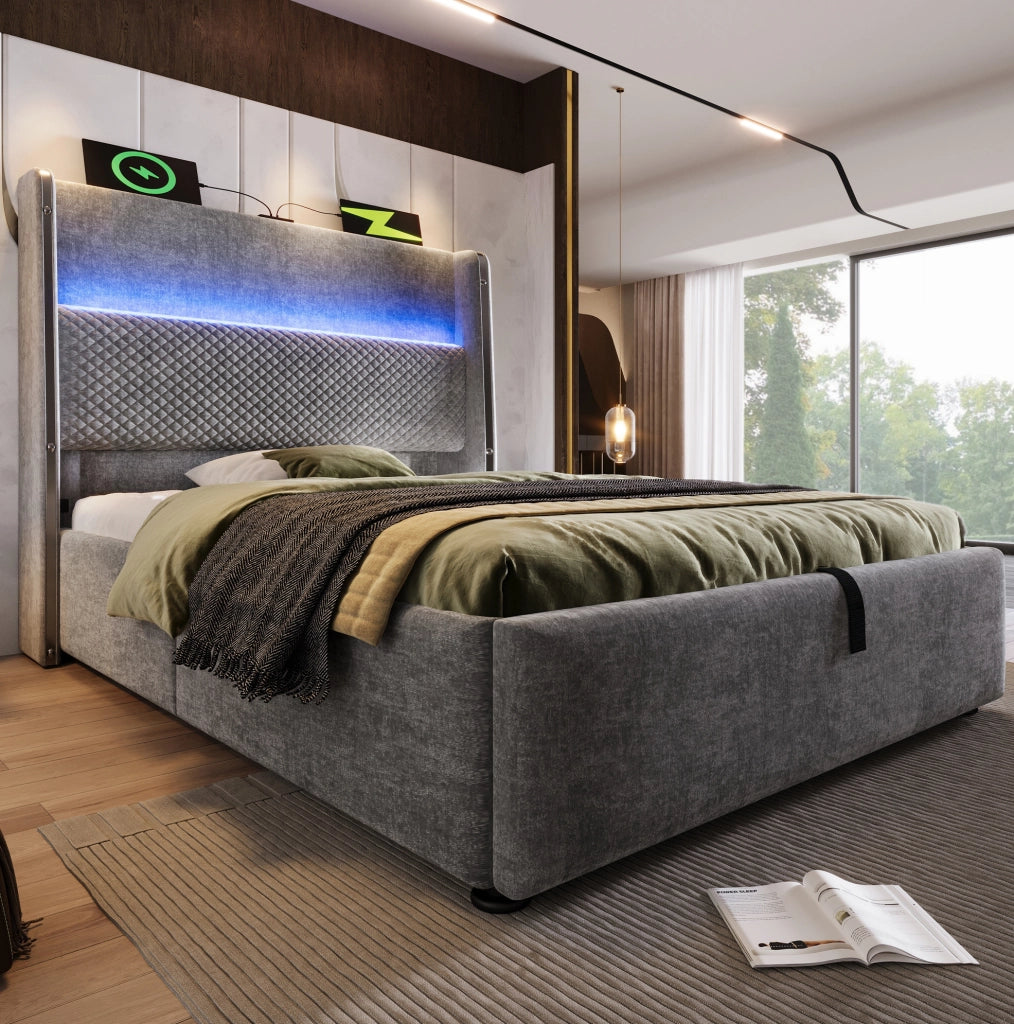 Letto 90x200 cm con testiera alta, LED, presa USB/Type-C e materasso incluso