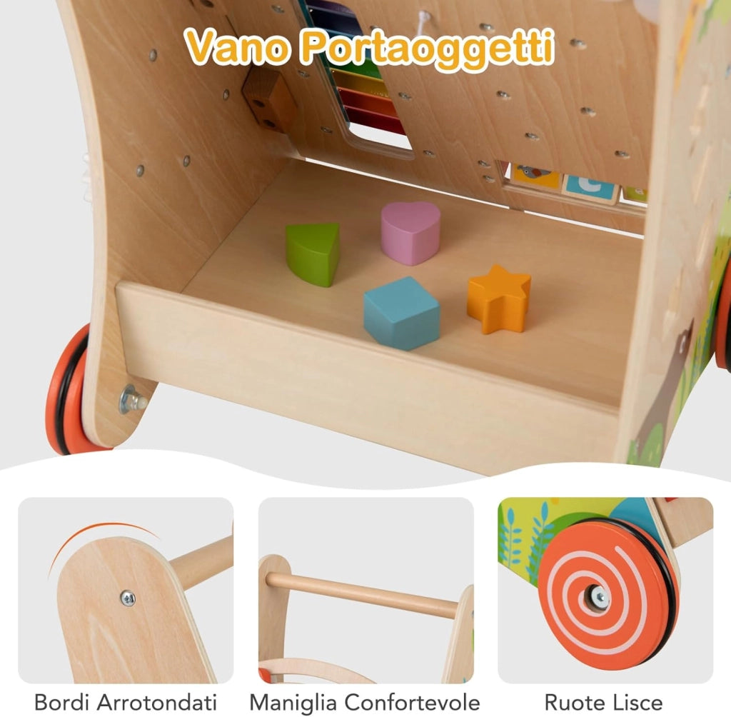 7 in 1 Girello per Bambini in Legno, Carrellino Primi Passi con Manico, Contenitore e Ruote, Giocattolo Montessori da Spingere e Tirare, Gioco Educativo per Bambini 3 + Anni (Modello 2)