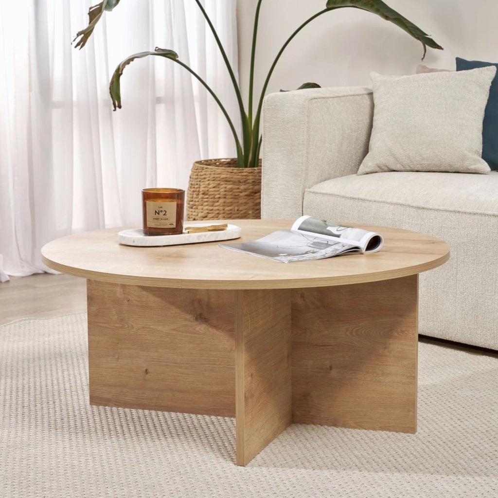 Simbario, Tavolino da Salotto Forma Rotondo, 90x90x40h cm Marrone Rovere