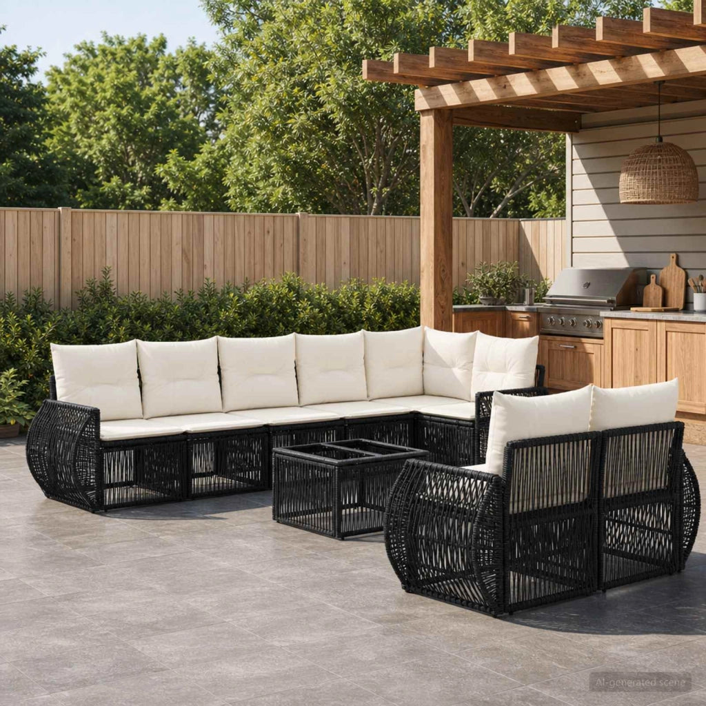 Set Divano da Giardino 9 pz Nero e Bianco Crema polyrattan 3435481