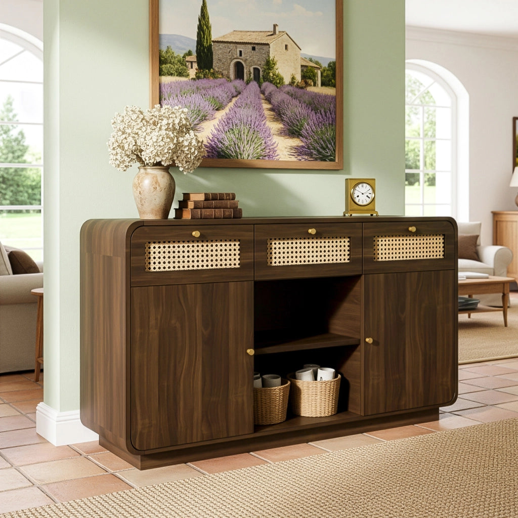 Mobile TV lussuoso - Zephmum - 120x40x85 cm - Nussbaum - Schubladen, Rattan, Goldgriff, h?henverstellbar