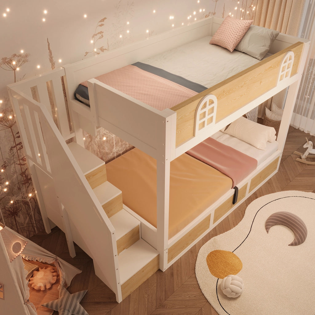 Letto a castello 90x200 cm per bambini con scala contenitore e vano sollevabile; MDF bianco e naturale