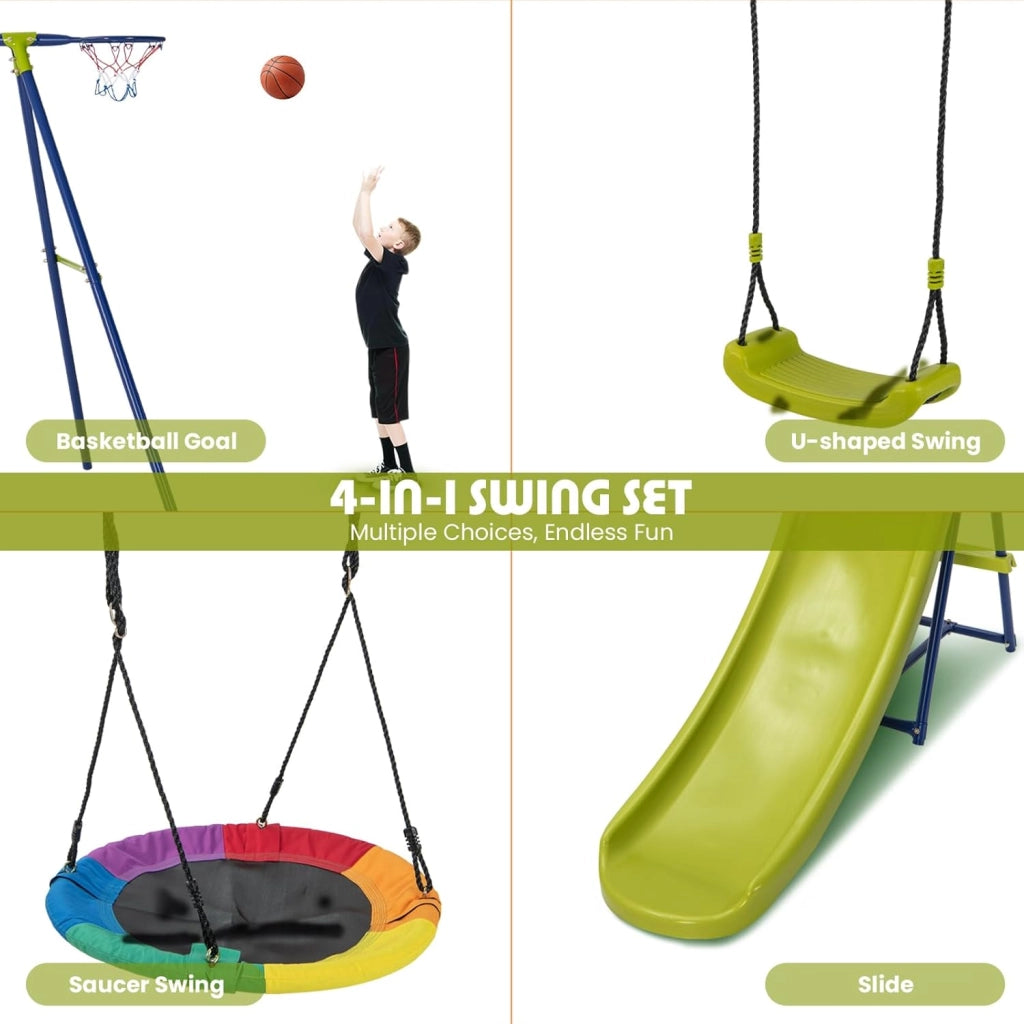 Set di Altalene da Giardino per Bambini 3-10 Anni, Seggiolino Altalena Bambini 4 in 1 con 2 Altalene, Scivolo e Canestro da Basket, Scivolo e Altalena per Uso Esterno e Interno